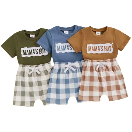 Mamas Boy Plaid Embroidered Outfits (3 Colors) - PREORDER