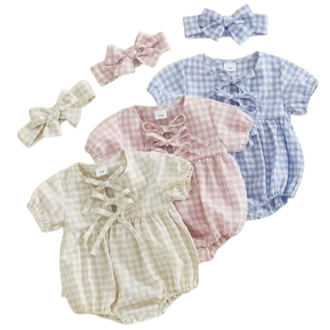 Plaid Tie Rompers & Bows (3 Colors) - PREORDER