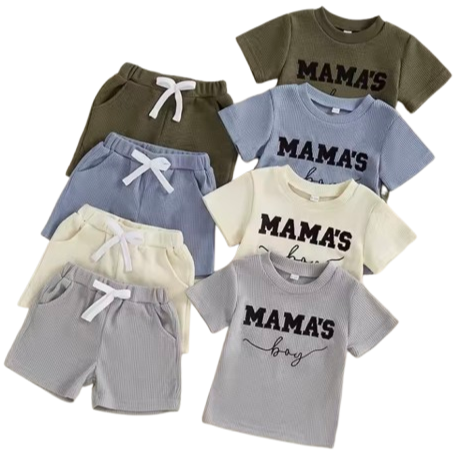 Mamas Boy Waffle Shorts Embroidered Outfits (4 Colors) - PREORDER