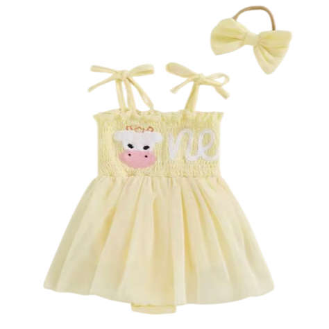 ONE Cow Tutu Romper Dress & Bow - PREORDER