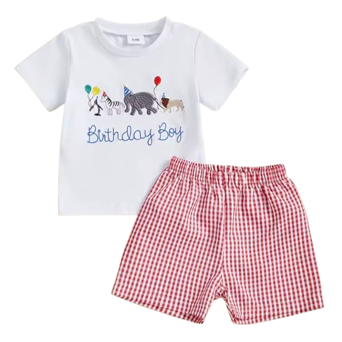 Checkered Birthday Boy Zoo Embroidered Shorts Outfit - PREORDER