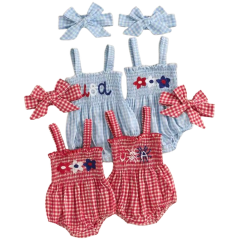 Checkered USA & Daisies Rompers & Bows (4 Styles) - PREORDER