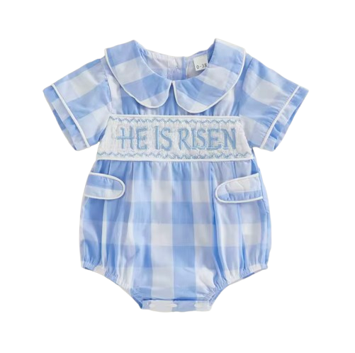 Smocked Collar Romper | He is Risen Plaid - PREORDER