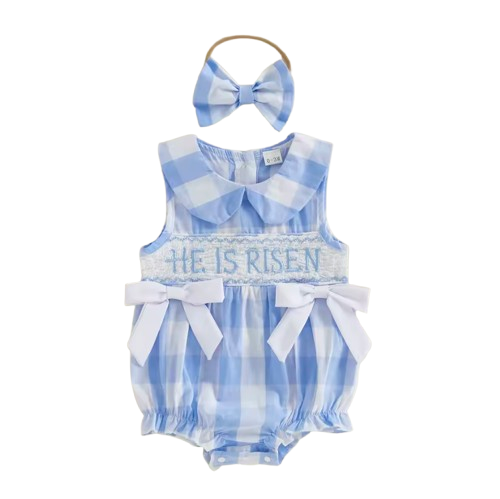 Smocked Collar Bows Romper | He is Risen Plaid - PREORDER