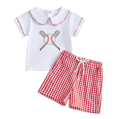 Smocked Collar Top & Shorts Set | Baseball Gingham - PREORDER