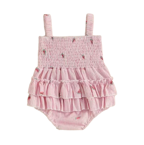 Smocked Ruffle Bow Romper | Stripe Watermelon - PREORDER