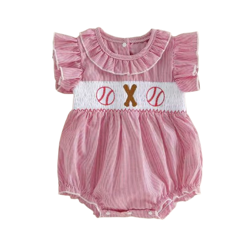 Smocked Bubble Romper | Baseball & Bat Stripe - PREORDER