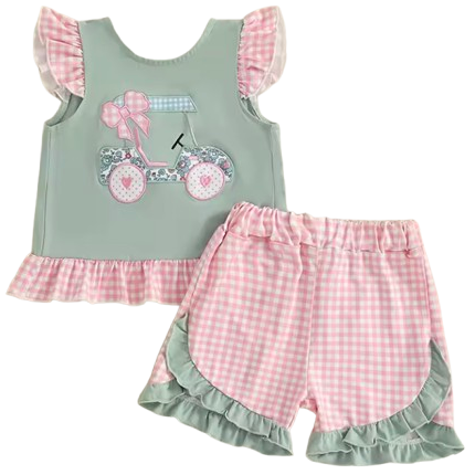 Smocked Ruffle Tank & Shorts Set | Gold Cart Gingham & Floral - PREORDER