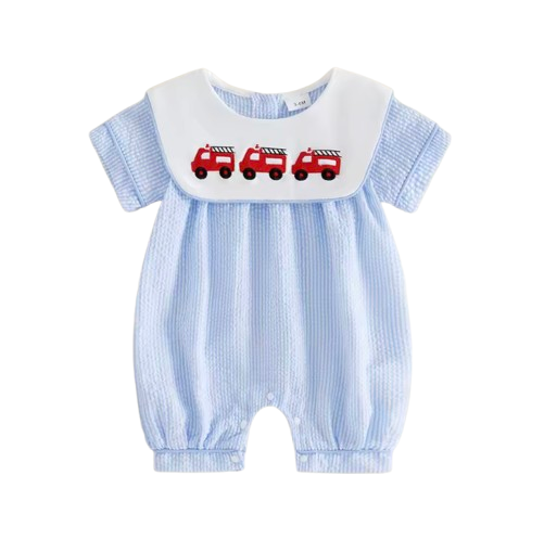 Smocked Shorts Romper | Firetrucks Stripe - PREORDER