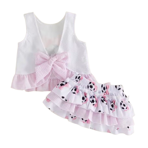Smocked Ruffle Tank & Shorts Set | Soccer Ball Bow - PREORDER