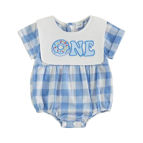 Smocked Collar Romper | Blue ONE Donut Gingham - PREORDER