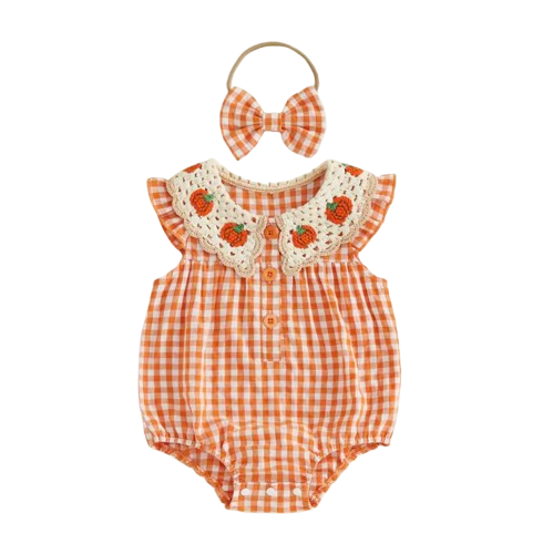 Smocked Romper | Pumpkin Crochet Gingham - PREORDER