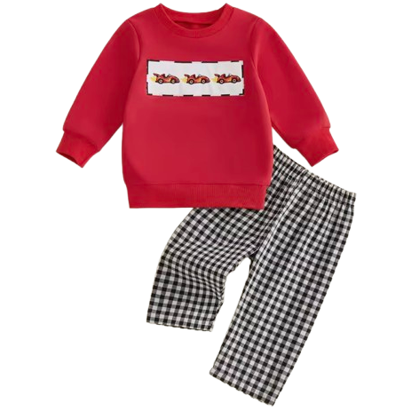Embroidered Pullover & Pants Set | Race Cars Gingham - PREORDER