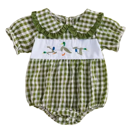 Embroidered Smocked Collar Romper | Ducks Gingham - PREORDER