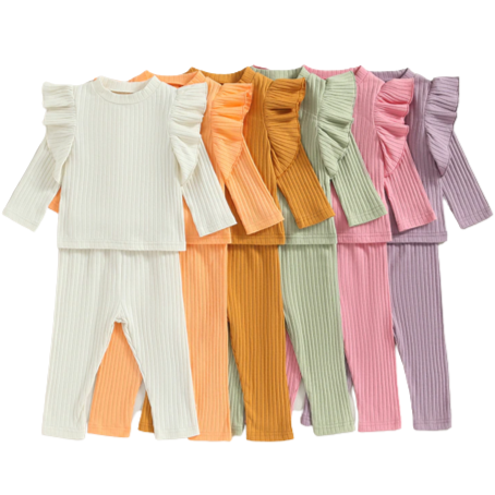 Solid Ribbed Ruffle Outfits (6 Colors) - PREORDER