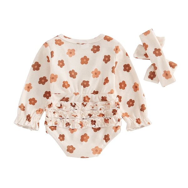 Neutral Kenzie Floral Ruffle Waffle Romper & Bow - PREORDER