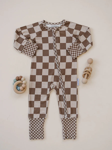 Ribbed Bamboo Zip Romper | Latte Checkered - PREORDER