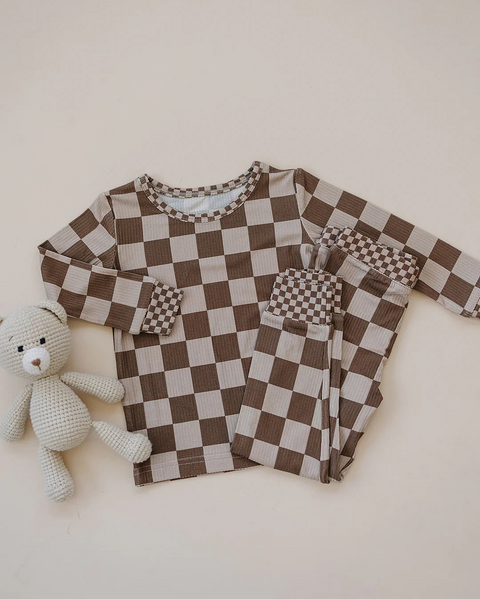 Ribbed Bamboo Top & Pants Set | Latte Checkered - PREORDER