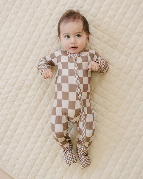 Ribbed Bamboo Zip Romper | Latte Checkered - PREORDER