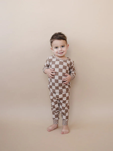 Ribbed Bamboo Top & Pants Set | Latte Checkered - PREORDER