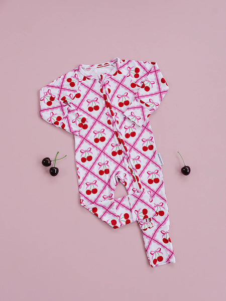 Bamboo Zip Romper | Cherry Bow - PREORDER