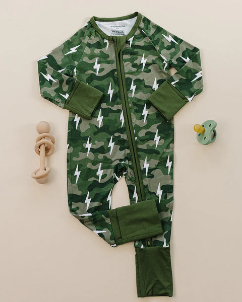 Bamboo Zip Romper | Green Camo Bolts - PREORDER