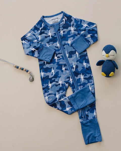 Bamboo Zip Romper | Blue Camo Bolts - PREORDER
