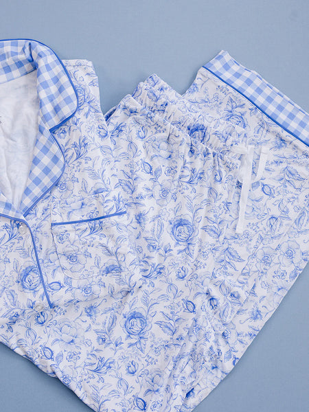 Bamboo Women's Button Up Set | Blue Flowers - PREORDER