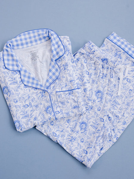 Bamboo Women's Button Up Set | Blue Flowers - PREORDER