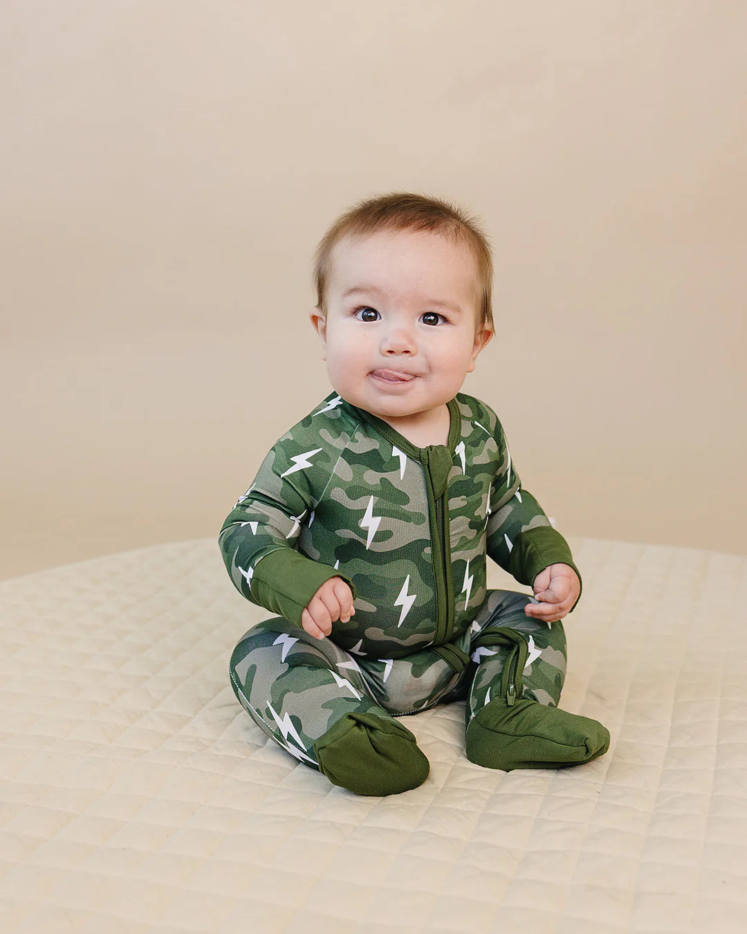 Bamboo Zip Romper | Green Camo Bolts - PREORDER