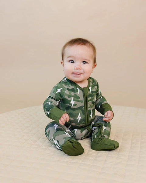 Bamboo Zip Romper | Green Camo Bolts - PREORDER