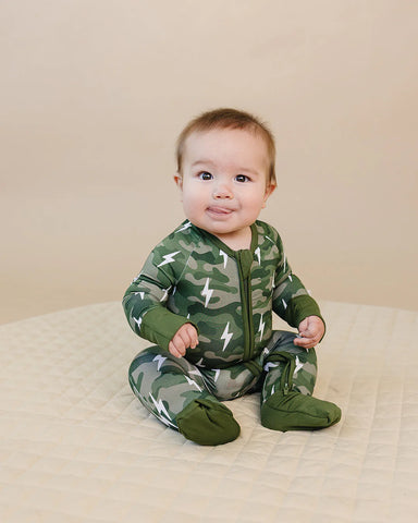Bamboo Zip Romper | Green Camo Bolts - PREORDER