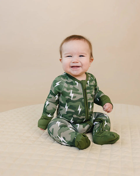 Bamboo Zip Romper | Green Camo Bolts - PREORDER