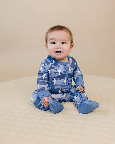Bamboo Zip Romper | Blue Camo Bolts - PREORDER