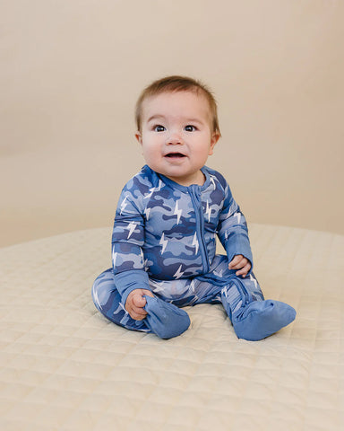 Bamboo Zip Romper | Blue Camo Bolts - PREORDER