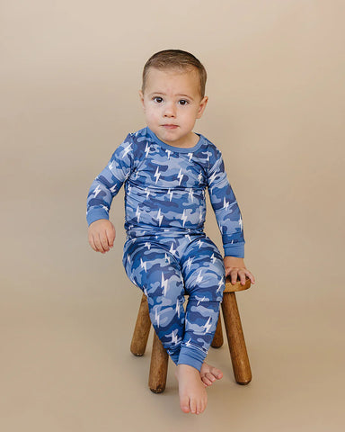 Bamboo Top & Pants Set | Blue Camo Bolts - PREORDER