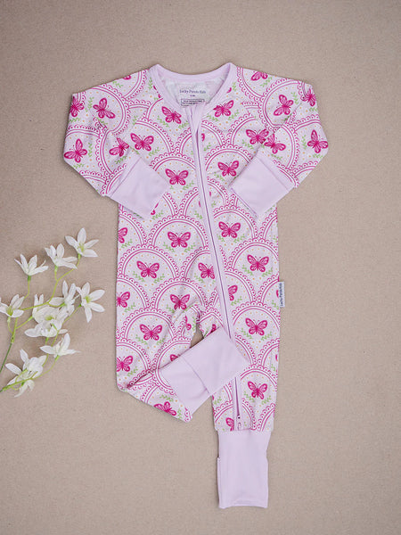 Bamboo Zip Romper | Pink Butterfly - PREORDER