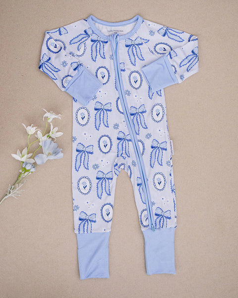 Bamboo Zip Romper | Blue Bow - PREORDER