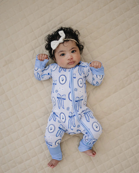 Bamboo Zip Romper | Blue Bow - PREORDER