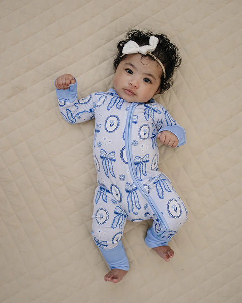 Bamboo Zip Romper | Blue Bow - PREORDER