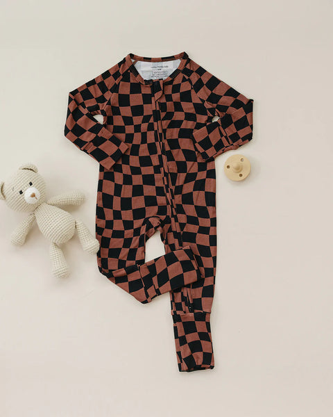 Bamboo Zip Romper | Chocolate Wavy Checkered - PREORDER