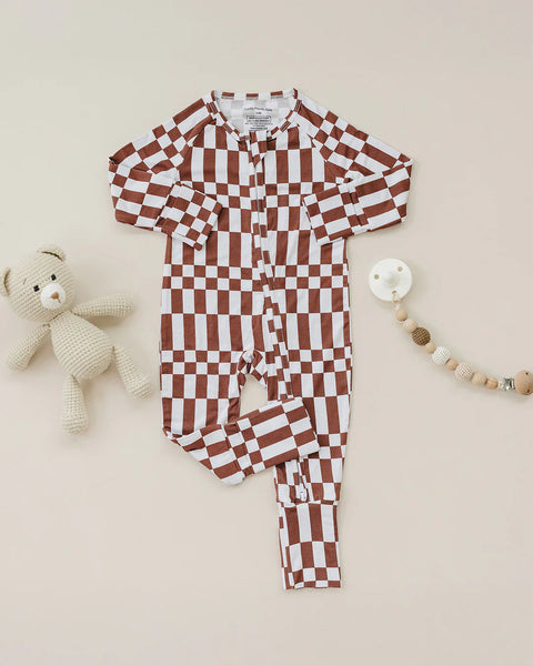 Bamboo Zip Romper | Chocolate Checkered - PREORDER