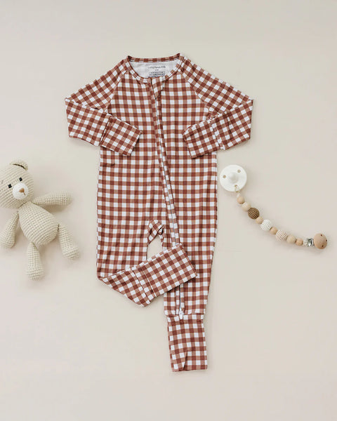 Bamboo Zip Romper | Chocolate Gingham - PREORDER