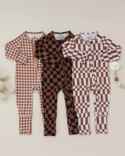 Bamboo Zip Romper | Chocolate Checkered - PREORDER