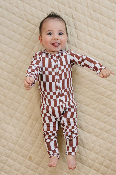 Bamboo Zip Romper | Chocolate Checkered - PREORDER