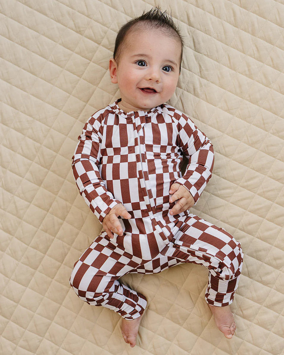 Bamboo Zip Romper | Chocolate Checkered - PREORDER