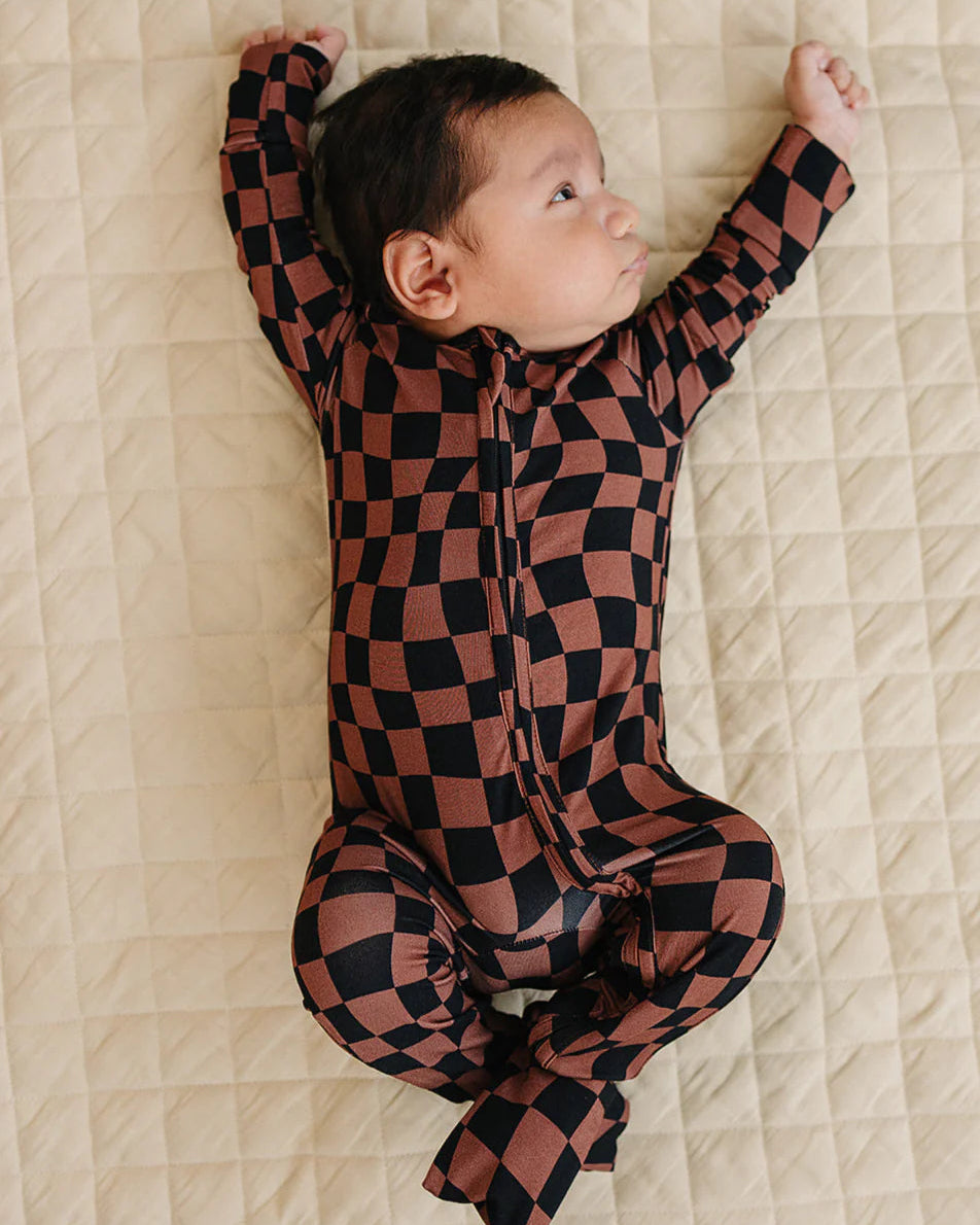 Bamboo Zip Romper | Chocolate Wavy Checkered - PREORDER