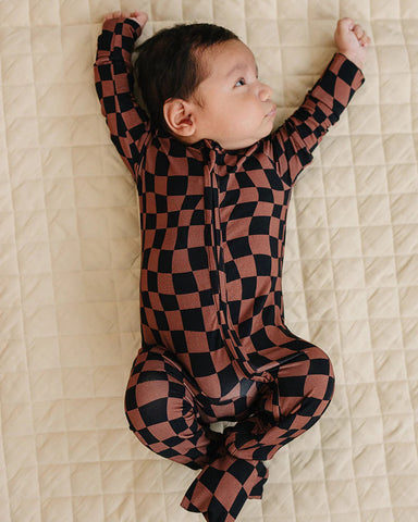 Bamboo Zip Romper | Chocolate Wavy Checkered - PREORDER