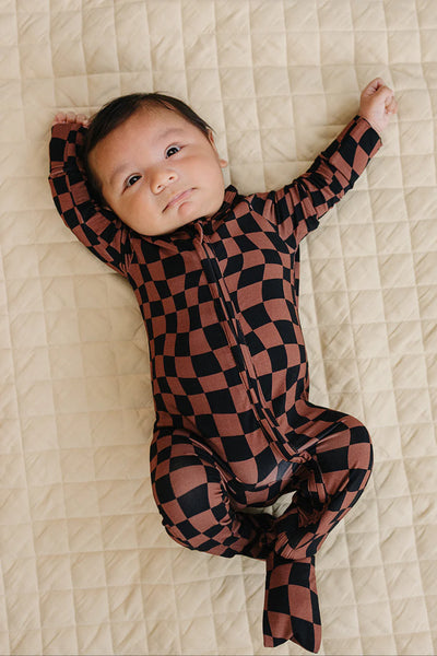 Bamboo Zip Romper | Chocolate Wavy Checkered - PREORDER