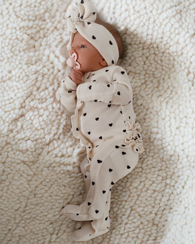 Waffle Zip Ruffle Footie Romper | Black Heart - PREORDER